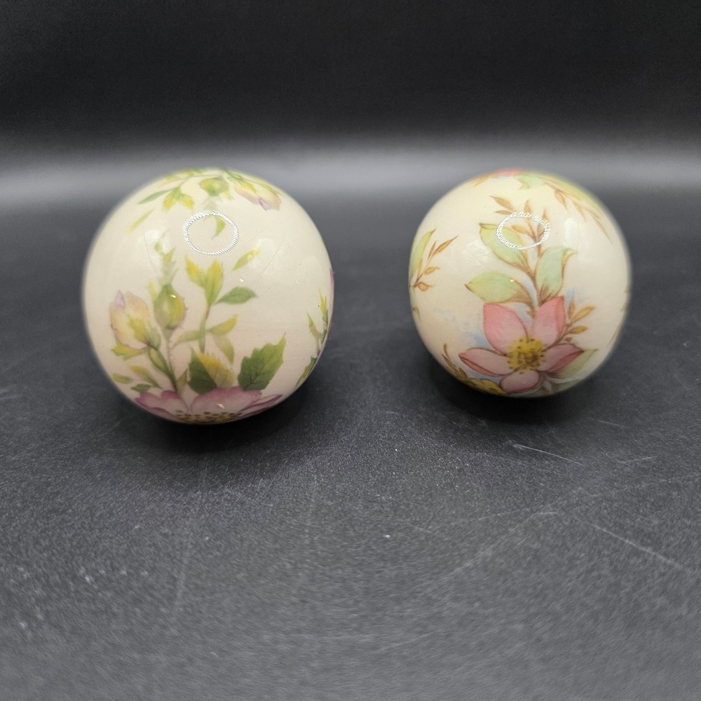 The Egg Lady Vintage Hand Painted Floral Ceramic Eggs Set of 2 Ivory Pink Yellow - Picture 3 of 9